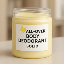 Load image into Gallery viewer, All-Over Body Deodorant Solid half-gallon jar with TXWNBS yellow Texas logo; smooth solid balm inside, aluminum-free long-lasting odor control by Texas Wholesale Natural Beauty Supplies.
