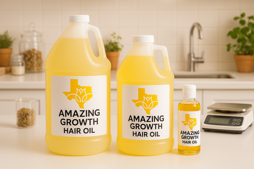 Amazing Growth Hair Oil gallon, half-gallon, and 2-ounce sample. Available at Texas Wholesale Natural Beauty Supplies.