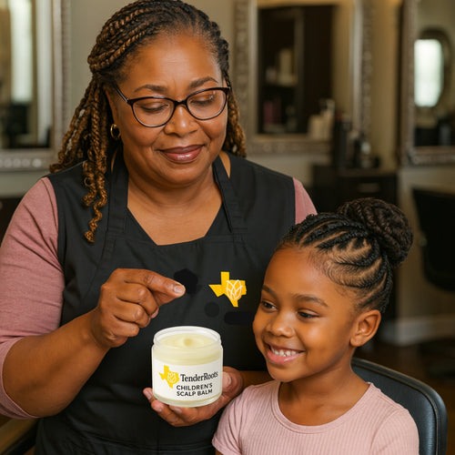 Middle-aged African American hairstylist wearing glasses and a black apron with a yellow Texas logo holds TenderRoots Children’s Scalp Balm while gently applying it to a smiling young girl with a braided updo in a salon setting.

