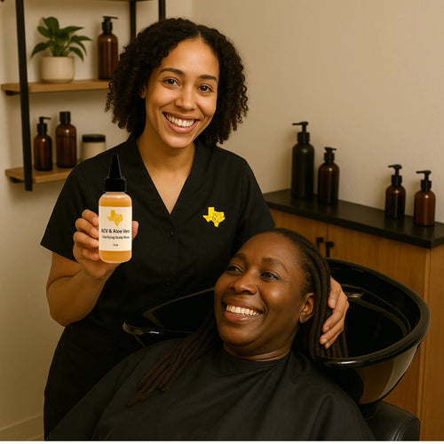 Professional salon photo of TXWNBS ACV & Aloe Vera Scalp Rinse for buildup removal, scalp relief, and shine.