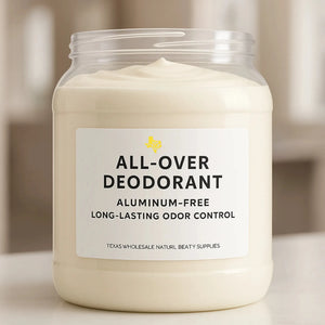 All-Over Deodorant gallon-size jar with TXWNBS yellow Texas logo; aluminum-free, long-lasting odor control by Texas Wholesale Natural Beauty Supplies.