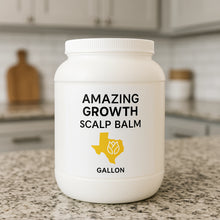 Load image into Gallery viewer, One-gallon jar of Amazing Growth Scalp Balm on a granite kitchen counter with Texas logo label
