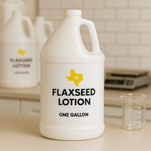Load image into Gallery viewer, One gallon jug of Texas WNBS Flaxseed Lotion on lab counter with beaker and scale, professional bulk haircare
