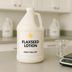 Half gallon square jug of Texas WNBS Flaxseed Lotion on lab counter with beaker and scale, professional bulk haircare