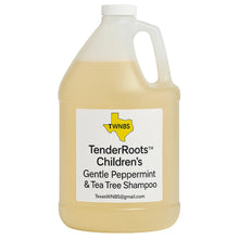 Load image into Gallery viewer, One gallon round jug of TenderRoots™ Children’s Gentle Peppermint &amp; Tea Tree Shampoo with TXWNBS logo.
