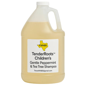 One gallon round jug of TenderRoots™ Children’s Gentle Peppermint & Tea Tree Shampoo with TXWNBS logo.