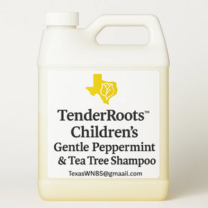 Professional product image of TenderRoots™ Children’s Gentle Peppermint & Tea Tree Shampoo in a half-gallon white square jug with white cap. Features the TXWNBS logo and clean label design, filled with thick, clear golden shampoo.
