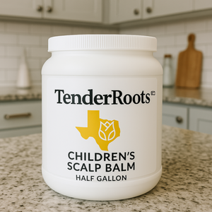 "TenderRoots Children's Scalp Balm half-gallon jar for moisturizing and protecting kids’ dry scalp and natural hair, white packaging with yellow Texas logo, ideal for curly hair, braids, and protective styles."